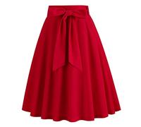 IBTOM CASTLE Women 1950s Vintage Skirt High Waisted Solid Color Pleated Skater Swing Skirt Ladies A-Line Stretchy Flared Knee Length Flowy Skirt with Pockets Red S