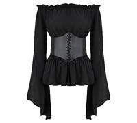 IBTOM CASTLE Women Medieval Pirate Costume Off Shoulder Flare Sleeve Renaissance Corset Top Victorian Gothic Boho Ruffle Shirt with Waist Belt Black+Belt L