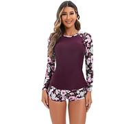 IBTOM CASTLE Women’s Rash Guard Swimsuit Long Sleeve Athletic Swimming Shirt + Surfing Shorts 2Pcs Swimming Costume Set Girls Sun Protection UPF 50+ Bathing Suits Beachwear Purple M