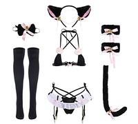 IBTOM CASTLE Women Sexy Lingerie Outfit: Fancy Anime Cat Bra and Panty Set Halloween Costume Bikinis Underwear With Stockings and Headband 7PCS Nightwear Sleepwear Japanese Clothes Black one size