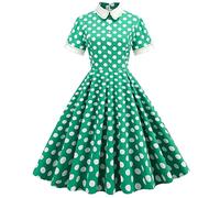 IBTOM CASTLE Women Vintage A Line Dress Tie Neck Polka Dot 50s Retro Flared Swing Dress Short Sleeve Cocktail Office Casual Dress Green-White dot S