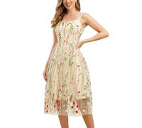 IBTOM CASTLE Women's 1950s Vintage Dress Floral Embroidery Mesh Swing Dress Retro Spaghetti Strap Princess Tea Party A-line Cocktail Dress Evening Ball Prom Dance Gown Apricot M