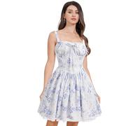IBTOM Castle Women's Floral Corset Dress Square Neck Spaghetti Strap Summer Boho Sundress Casual Flowy Slit Bustier Dresses Short-Floral-Blue L