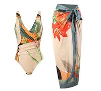 IBTOM CASTLE Women's Retro Swimsuit Sleeveless V Neck Floral Print One Piece Swimsuit and Cover Up Wrap Skirt Sarong Bathing Suit, 2pcs Set Orange M