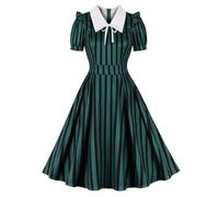 IBTOM CASTLE Women's Vertical Striped Dress 1950s Vintage Retro Short Sleeve Swing Dress Cocktail Rockabilly Button Summer Dress Halloween Black-Green-Stripe XXL