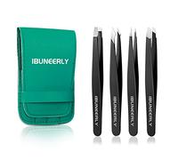 Tweezers Set, 4Pcs Tweezers for Women with Travel Leather Case, Professional Stainless Steel Eyebrows Tweezers, Great Precision Tweezers for Ingrown Hair, Facial Hair, Splinter Removal(Black)