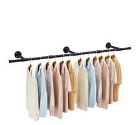 IBUYKE 156cm Wall Mounted Clothes Rail, Industrial Pipe, Black TYJ007H | Heavy Duty Space-Saving Clothes Bar Rack, Multi-Purpose Retro Wall Hanging Rail for Clothes, Closet and Laundry Room, 3 Base