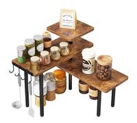IBUYKE 3-Tier Spice Racks,Kitchen Corner Shelf,Brown TLJ023H | Rotating Adjustable Kitchen Countertop Organizer Bathroom Counter Organizer 4 Side Hooks Coffee Bar Cabinet Desk