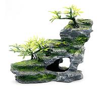 IBWell Aquarium Ornament, Mountain View Stone with Moss Tree Rock Cave Landscape Artificial Fish Tank Decoration