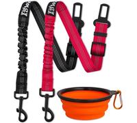 IBWell Dog Seat Belt,3 Piece Set Retractable Dog Car Harness Adjustable Dog Seat Belt for Vehicle Nylon Pet Safety Seat Belts Heavy Duty & Elastic (Black & Red)