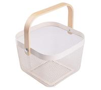 IBWell Square Metal Wire Woven Fruit Storage Bowl Basket with Wooden Handle, Large Black Mesh Fruit Stand, Multi-function Hanging Kitchen Baskets - White