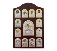 (IC-1/006/GK) Virgin Mary Seven Swords, Iconostasis, Silver Orthodox Christian Icon/Greek Handmade (Red, 13 x 8 1/2)