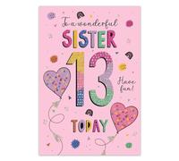 IC&G 13th Birthday Card for a Wonderful Sister - Love Heart Balloons & Rainbows Design with Embossed Foil Finish & Illustrated Insert Leaf, Eco-Friendly & Made in the UK