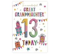 IC&G 13th Birthday Card for Great Granddaughter - Presents & Bunting Design - Gold Foil Finish - Age 13 Premium Special Birthday Greeting Card with Envelope