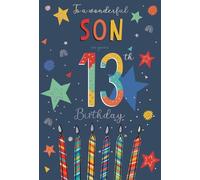 IC&G 13th Birthday Card for Son - Stars & Cake Candles Design - Silver Foil Details - Age 13 Premium Special Birthday Greeting Card for Children