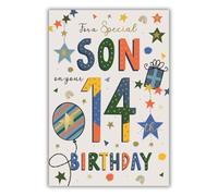 IC&G 14th Birthday Card for Son - Vibrant Presents, Balloon and Star Design - Foil Finish - Age 14 Birthday Greeting Card for a Special Son - For Boys