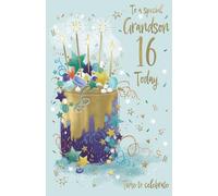 IC&G 16th Birthday Card for Grandson - Age 16 Fun Cake & Confetti Design - Embossed Foil Finish - Premium Greeting Card with Envelope