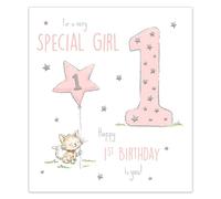 IC&G 1st Birthday Card for a Special Girl - Cute Cat & Balloon Design with Embossed Foil Finish & Illustrated Inner, Eco-Friendly & Made in the UK