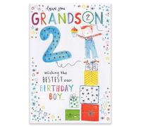 IC&G 2nd Birthday Card for Grandson - Age 2 Cute Balloon & Party Design - Embossed Foil Finish - Premium Greeting Card with Envelope - Eco-Friendly & Recyclable