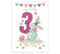 IC&G 3rd Birthday Card for Girls - Cute Pink Bunny Rabbit & Bird Design with Embossed Foil Finish, Eco-Friendly & Made in the UK