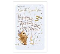 IC&G 3rd Birthday Card for Great Grandson - Age 3 Cute Barley Bear Party Design - Embossed Foil Finish - Premium Greeting Card with Envelope