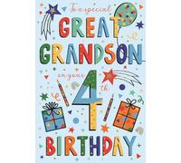 IC&G 4th Birthday Card for Great Grandson - Colourful Age 4 Presents, Stars & Balloons Design - Gold Foil Finish - Premium Birthday Greeting Card with Envelope