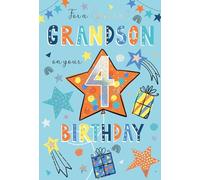 IC&G 4th Birthday Card for Special Grandson - Age 4 Fun Stars Design - Embossed Foil Finish - Milestone Premium Greeting Card with Envelope