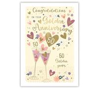 IC&G 50th Anniversary Card - Happy Golden Anniversary Card 50 Years with Drinks and Love Hearts Design and Embossed Foil Details - Anniversary Card for a Special Couple