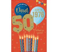 IC&G 50th Birthday Card for Dad, Born in 1976, Nostalgic Facts & Memories | Illustrated Inner, Year You Were Born, Candles & Balloons Design, Made in the UK
