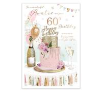 IC&G 60th Birthday Card for Auntie - Age 60 Floral Cake & Champagne Design - Embossed Foil & Flitter Finish - Eco-Friendly & Made in the UK