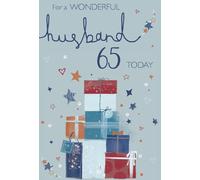 ICG Husband 65th Birthday Card - Silver Cake, Bunting, Presents & Stars 9" x 6"