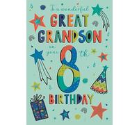 IC&G 8th Birthday Card for Great Grandson - Age 8 - Fun Party Design - Embossed Foil Finish - Premium Greeting Card with Envelope