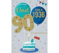 IC&G 90th Birthday Card for Dad - Born in 1936 - Age 90 Birthday Cake, Balloons & Stars Design - Fun Facts Inside - 'Year You Were Born' Greeting Card with Envelope