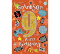 IC&G 9th Birthday Card for Grandson - Colourful Age 9 Gaming & Stars Design - Silver Foil Finish - Premium Birthday Greeting Card with Envelope