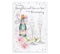 IC&G Anniversary Card for Daughter and Son In Law - Elegant Champagne & Roses Design - Embossed Foil Finish - Premium Greeting Card with Envelope