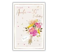 IC&G Auntie 50th Birthday Card - Pretty Floral Bouquet Design - Embossed Foil Finish - Age 50 Happy Birthday Card for Special Auntie - For Her