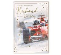 IC&G Birthday Card for a Wonderful Husband - Racing Car Design with Embossed Foil Finish & Illustrated Insert Leaf, Eco-Friendly & Made in the UK