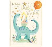 IC&G Birthday Card for Daddy - Dinosaur, Cake & Balloons Design - Gold Foil Finish - Premium Special Birthday Greeting Card for Dad with Envelope