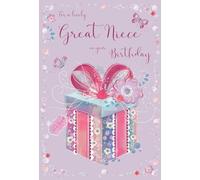 IC&G Birthday Card for Great Niece - Pretty Present, Flowers & Butterflies Design - Premium Special Birthday Greeting Card with Envelope