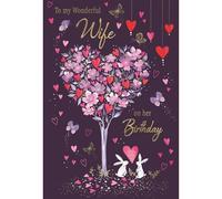 IC&G Birthday Card for Wife - Romantic Floral Heart Tree and Rabbits Design - Embossed Foil Finish - Pretty Birthday Greeting Card to My Wonderful Wife - For Her