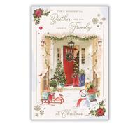 IC&G Christmas Card for Brother and his Family - Festive Porch and Snowman - Embossed Foil and Flitter Details - Artistic Christmas Greeting Card for a Wonderful Brother and his Family