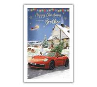 IC&G Christmas Card for Brother - Festive Sports Car - Embossed Foil Finish - Premium Quality Special Christmas Greeting Card with Envelope
