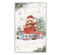 IC&G Christmas Card for Cousin - Puppy Dog in Santa Hat Design - Foil Finish - Cute Christmas Greeting Card for a Special Cousin - For Children
