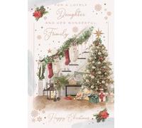 Lovely Daughter and Wonderful Family Christmas Card - Christmas Tree and Festive Staircase with Flitter and Foil Details - By International Cards and Gifts