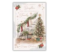 Lovely Daughter and Wonderful Family Christmas Card - Christmas Tree and Festive Staircase with Flitter and Foil Details - By International Cards and Gifts