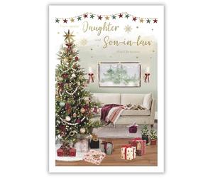 IC&G Christmas Card for Daughter and Son in Law - Festive Home and Cat Design - Embossed Foil Finish - Lovely Christmas Greeting Card for a Special Couple