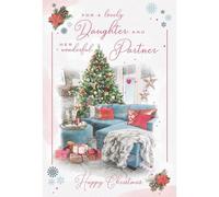 IC&G Christmas Card for Daughter & Her Partner - Cosy Home, Tree & Presents - Premium Quality Christmas Greeting Card with Envelope - By International Cards and Gifts