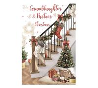 IC&G Christmas Card for Granddaughter and Partner - Festive Home and Stockings - Embossed Foil and Flitter Finish - Lovely Christmas Greeting Card for a Special Couple