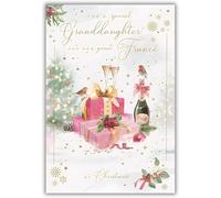 ICG Granddaughter and Her Fiance Christmas Card, Single - Christmas Cards with an Artistic Robins and Champagne Design and Special Finishes - Xmas Cards with Envelope
