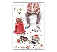 IC&G Christmas Card for Grandson - Boy Gaming and Gifts - Festive Presents & Video Games Design - Gold Foil Finish - Premium Quality Christmas Greeting Card with Envelope - By ICG